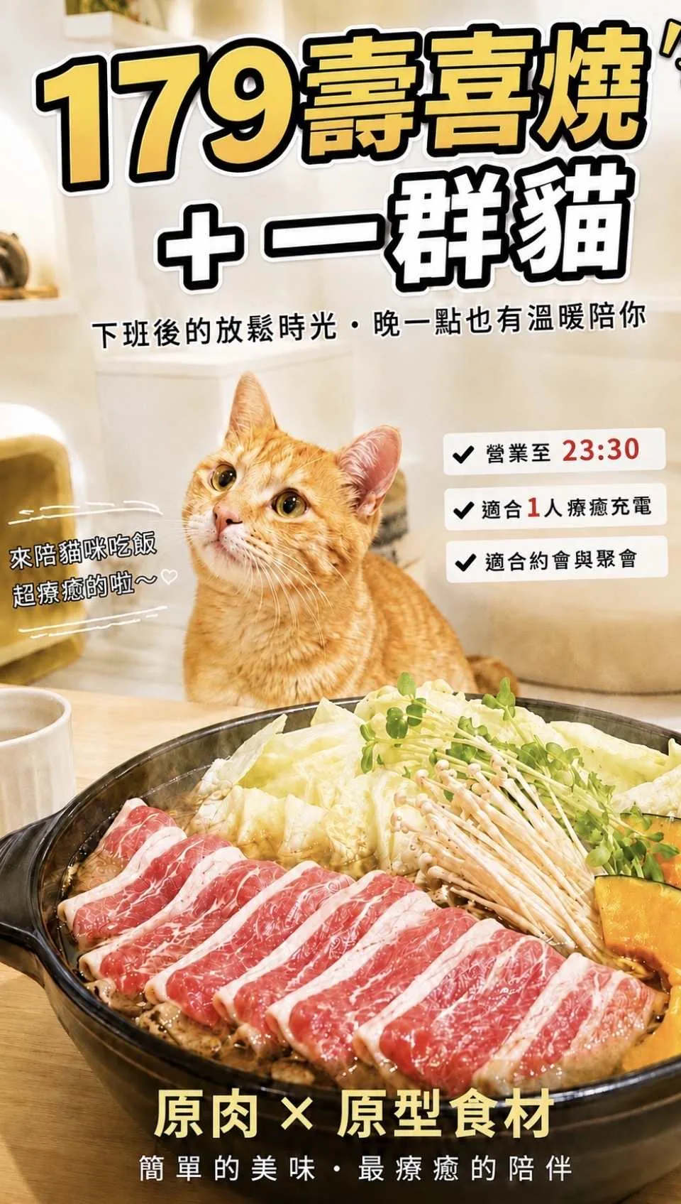179元壽喜燒＋一群貓：下班後的放鬆時光、晚一點也有溫暖陪你，營業至23:30、適合1人療癒充電、適合約會與聚會，原肉×原型食材