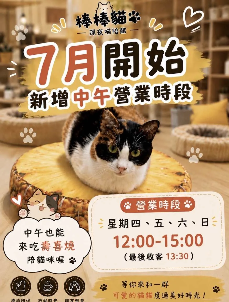 棒棒貓7月開始新增中午營業時段：星期四、五、六、日12:00-15:00（最後收客13:30），中午也能來吃壽喜燒陪貓咪！
