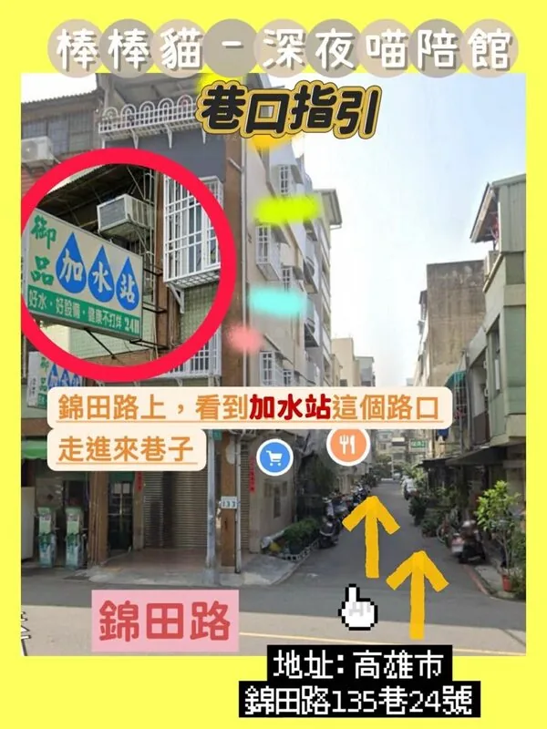 棒棒貓巷口指引一：錦田路上看到「加水站」這個路口走進來巷子，地址高雄市新興區錦田路135巷24號